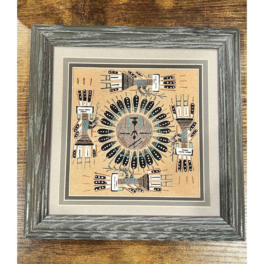 Native American Sand Art Picture Wooden Frame Female With Sunshield Wall Hanging